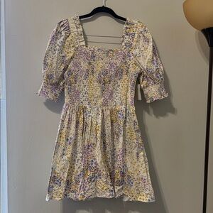 1. State Floral Smocked Puff Sleeve Cotton Mini Dress Size M Spring Cottage NWT